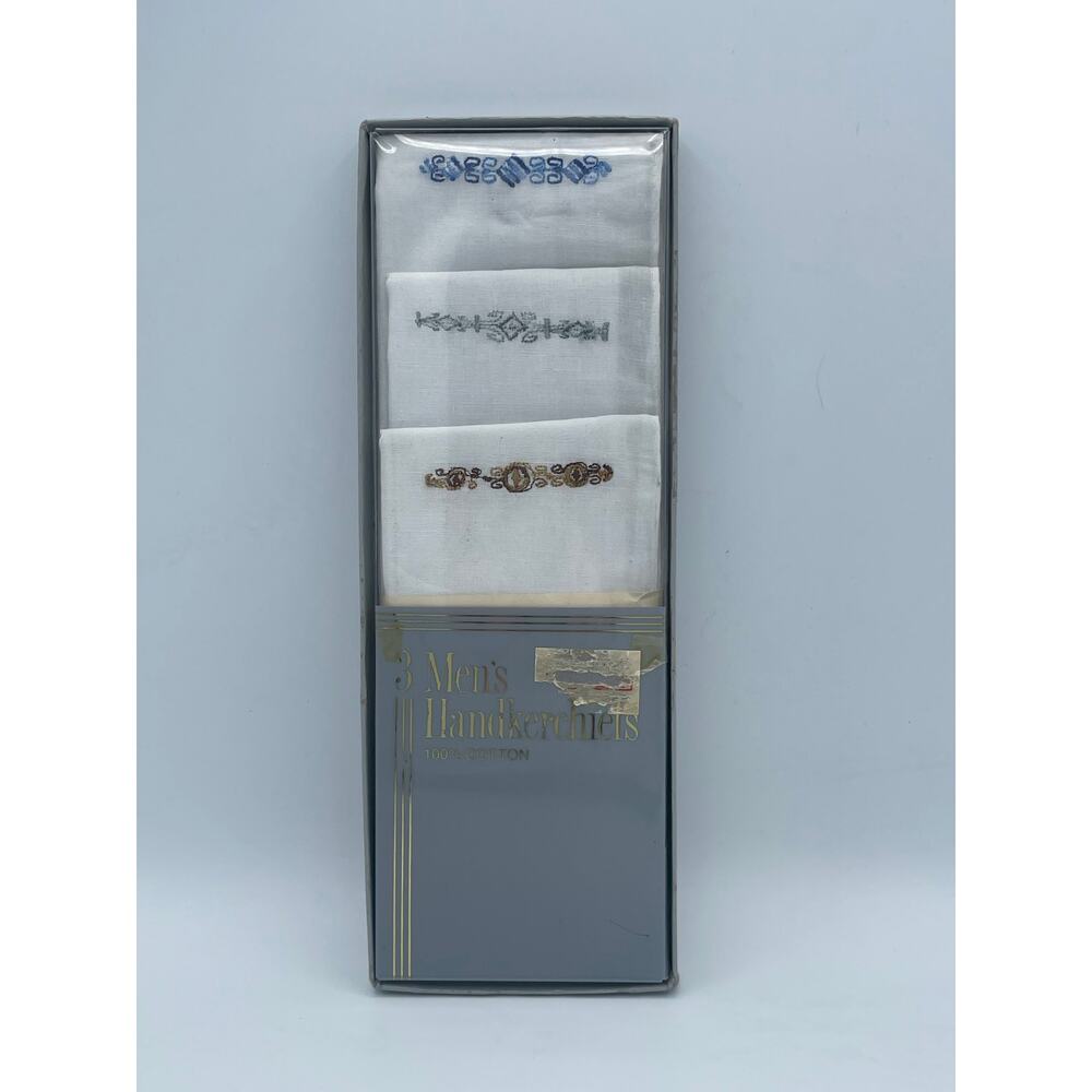 Vintage Mens Handkerchiefs Set of 3 Embroidered Cotton White Gift Box NIB